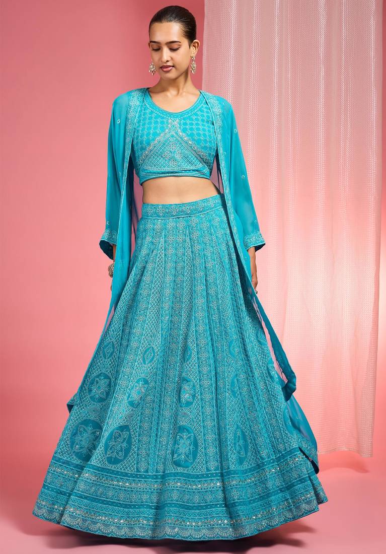 Turquoise Dori And Resham Work Georgette Lehenga Cape Set