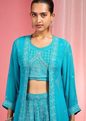 Turquoise Dori And Resham Work Georgette Lehenga Cape Set 2