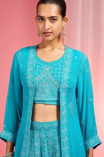 Turquoise Dori And Resham Work Georgette Lehenga Cape Set