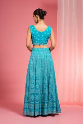 Turquoise Dori And Resham Work Georgette Lehenga Cape Set 4