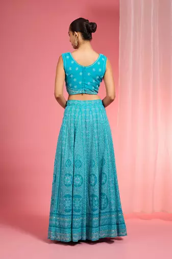 Turquoise Dori And Resham Work Georgette Lehenga Cape Set