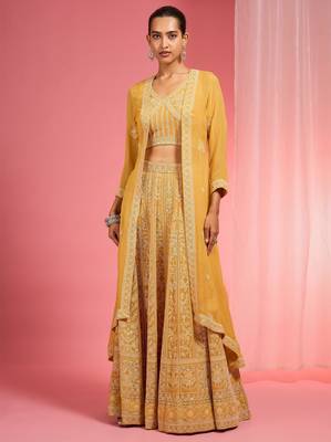 Mustard Yellow Dori And Resham Work Georgette Lehenga Cape Set 1