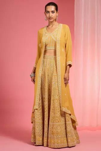 Mustard Yellow Dori And Resham Work Georgette Lehenga Cape Set