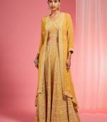 Mustard Yellow Dori And Resham Work Georgette Lehenga Cape Set