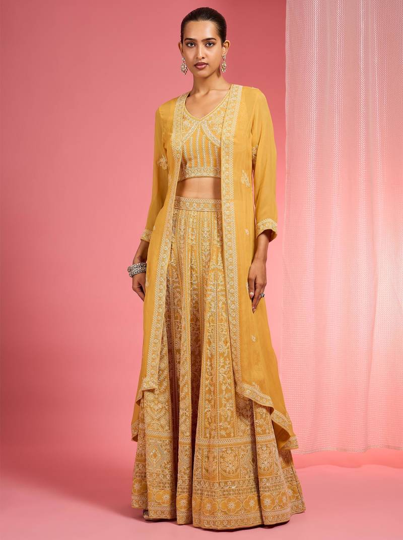 Mustard Yellow Dori And Resham Work Georgette Lehenga Cape Set