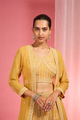 Mustard Yellow Dori And Resham Work Georgette Lehenga Cape Set 2