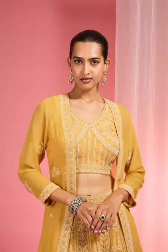 Mustard Yellow Dori And Resham Work Georgette Lehenga Cape Set