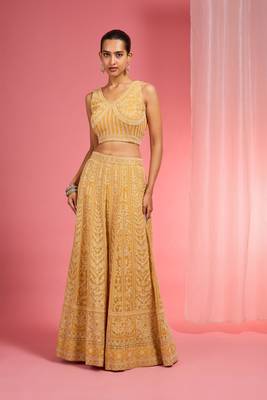 Mustard Yellow Dori And Resham Work Georgette Lehenga Cape Set 3