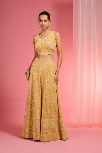 Mustard Yellow Dori And Resham Work Georgette Lehenga Cape Set