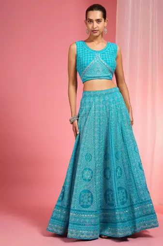 Turquoise Dori And Resham Work Georgette Lehenga Cape Set