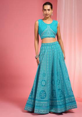 Turquoise Dori And Resham Work Georgette Lehenga Cape Set 6