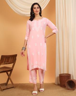 Women pink floral embroidered lucknowi chikankari straight kurta sets 5