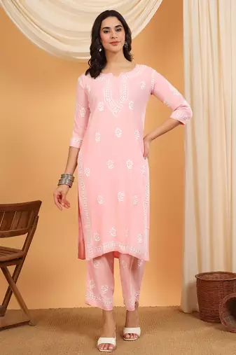 Women pink floral embroidered lucknowi chikankari straight kurta sets