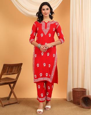 Women red floral embroidered lucknowi chikankari straight kurta sets 5