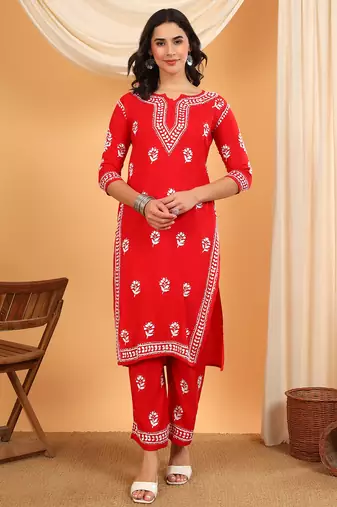 Women red floral embroidered lucknowi chikankari straight kurta sets