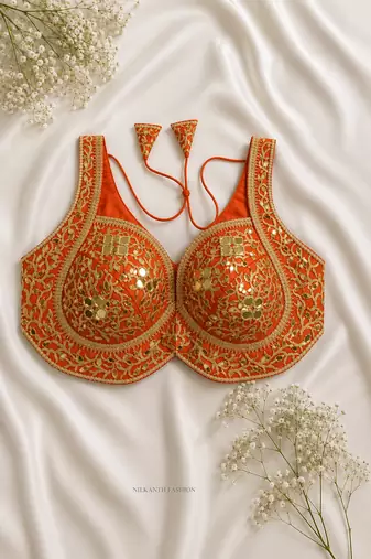 Emerald orange heavy gold gota work silk blend blouse