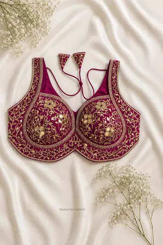 Emerald pink heavy gold gota work silk blend blouse