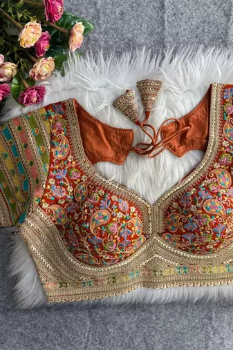 Rust embroidered fox georgette designer readymade blouse | bridal party wear padded back open blouse