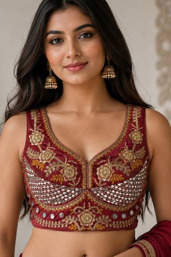 Maroon heavy italian silk designer readymade blouse with real mirror, zari, sequence & beads work