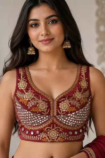 Maroon heavy italian silk designer readymade blouse with real mirror, zari, sequence & beads work