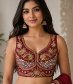 Maroon heavy italian silk designer readymade blouse with real mirror, zari, sequence & beads work