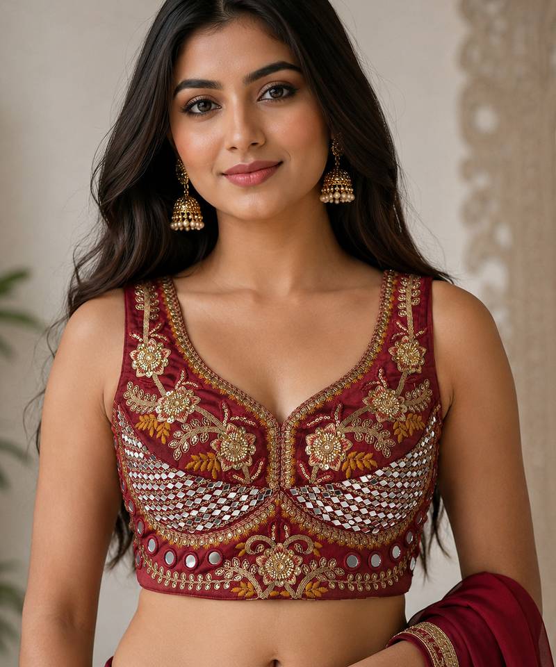 Maroon heavy italian silk designer readymade blouse with real mirror, zari, sequence & beads work