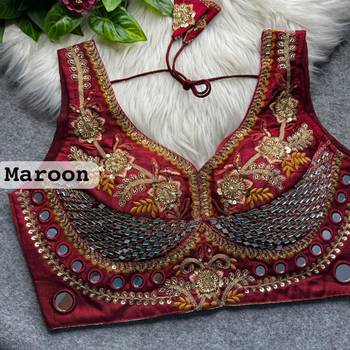 Maroon heavy italian silk designer readymade blouse with real mirror, zari, sequence & beads work 2