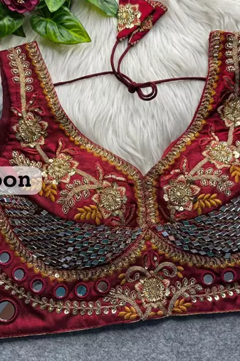 Maroon heavy italian silk designer readymade blouse with real mirror, zari, sequence & beads work