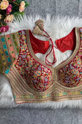 Red embroidered fox georgette designer readymade blouse | party wear wedding padded back open blouse