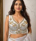 White heavy italian silk designer readymade blouse with real mirror, zari, sequence & beads work
