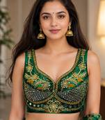 Green heavy italian silk designer readymade blouse with real mirror, zari, sequence & beads work