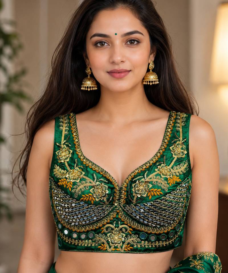 Green heavy italian silk designer readymade blouse with real mirror, zari, sequence & beads work