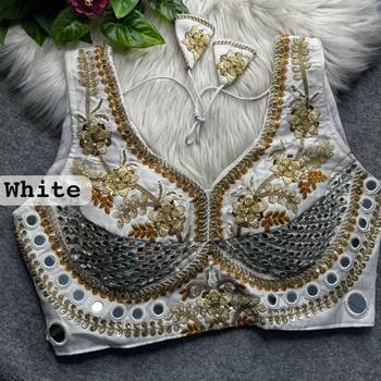 White heavy italian silk designer readymade blouse with real mirror, zari, sequence & beads work 2