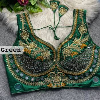 Green heavy italian silk designer readymade blouse with real mirror, zari, sequence & beads work 2