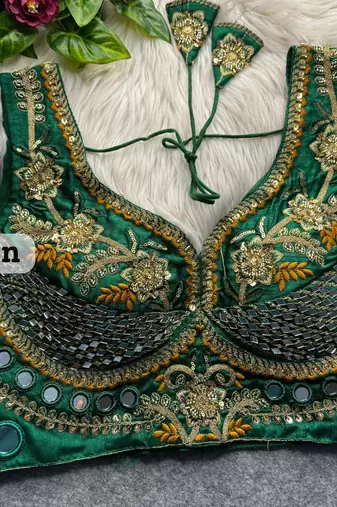 Green heavy italian silk designer readymade blouse with real mirror, zari, sequence & beads work