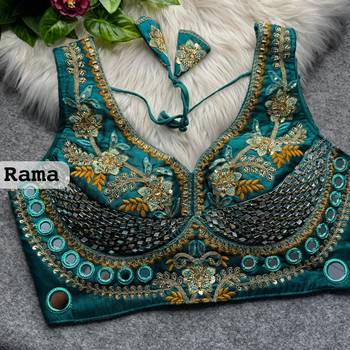 Rama green heavy italian silk designer readymade blouse with real mirror, zari, sequence & beads work 2
