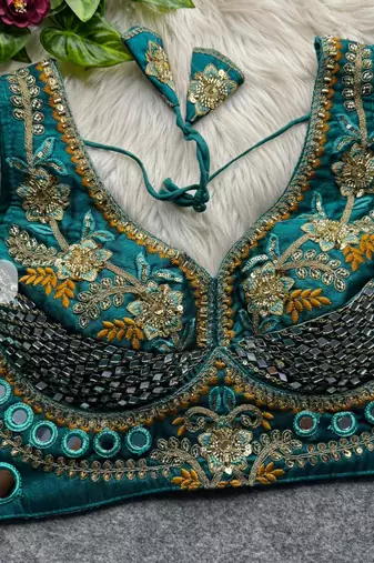 Rama green heavy italian silk designer readymade blouse with real mirror, zari, sequence & beads work