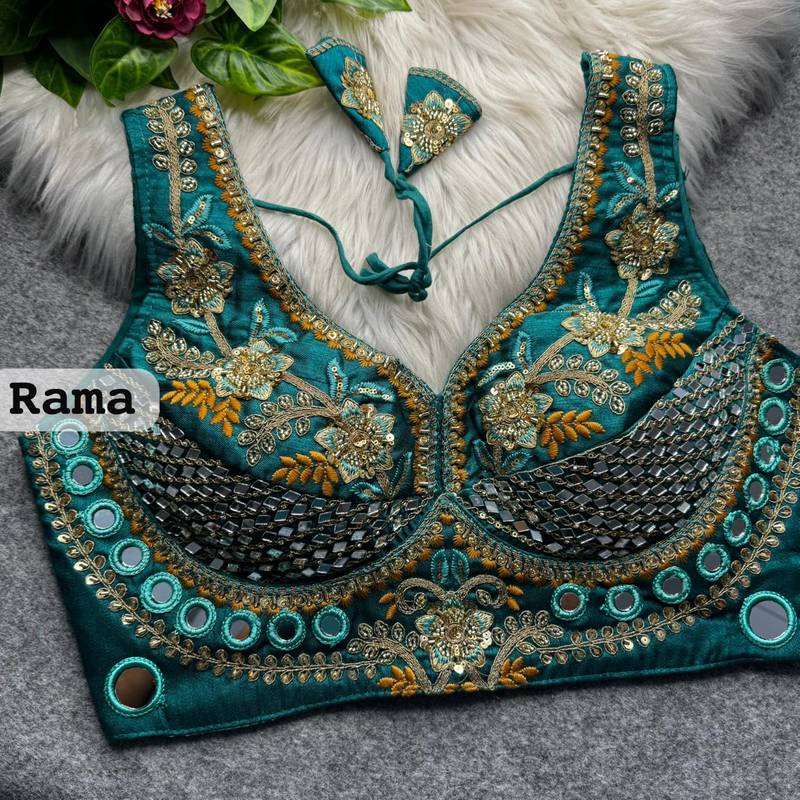 Rama green heavy italian silk designer readymade blouse with real mirror, zari, sequence & beads work