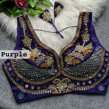 Purple heavy italian silk designer readymade blouse with real mirror, zari, sequence & beads work 2