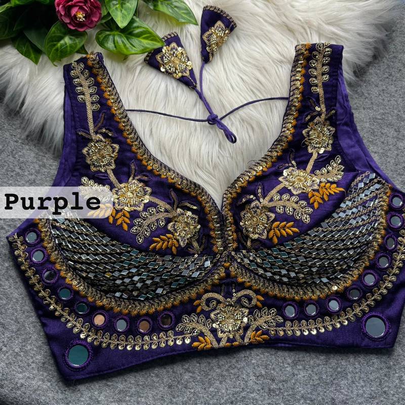 Purple heavy italian silk designer readymade blouse with real mirror, zari, sequence & beads work