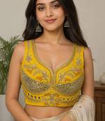 Yellow heavy italian silk designer readymade blouse with real mirror, zari, sequence & beads work