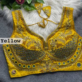 Yellow heavy italian silk designer readymade blouse with real mirror, zari, sequence & beads work 2