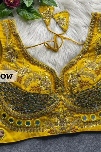 Yellow heavy italian silk designer readymade blouse with real mirror, zari, sequence & beads work