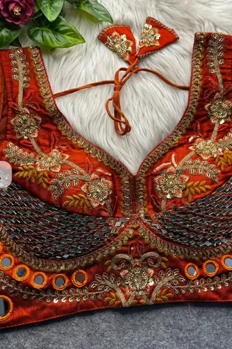 Rust heavy italian silk designer readymade blouse with real mirror, zari, sequence & beads work
