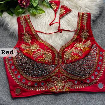 Red heavy italian silk designer readymade blouse with real mirror, zari, sequence & beads work 2
