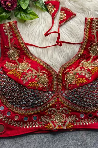 Red heavy italian silk designer readymade blouse with real mirror, zari, sequence & beads work