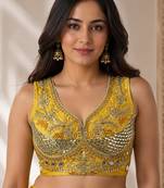 Gold heavy italian silk designer readymade blouse with real mirror, zari, sequence & beads work