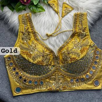 Gold heavy italian silk designer readymade blouse with real mirror, zari, sequence & beads work 2