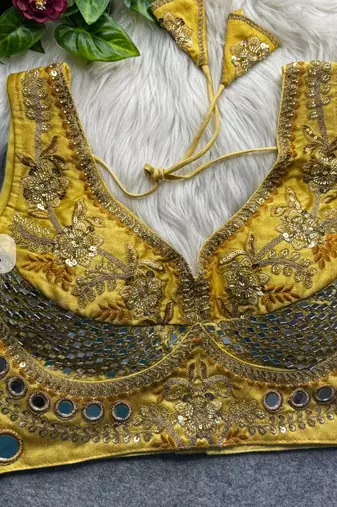 Gold heavy italian silk designer readymade blouse with real mirror, zari, sequence & beads work