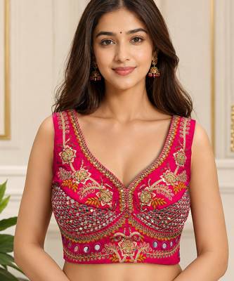 Rani pink heavy italian silk designer readymade blouse with mirror, zari, sequence & beads work party wear 1